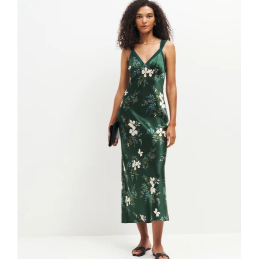 NWOT Reformation Neola Silk Dress in Portia Green White Floral Midi Sleeveless